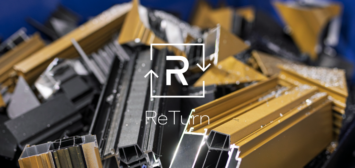 ReTurn logo in front of pile of aluminium scrap in blue bin.